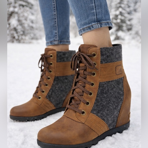 Sorel Shoes - Sorel After Hours Wedge Boots Womens 9 Brown Leather Felt Lace Up NL3376